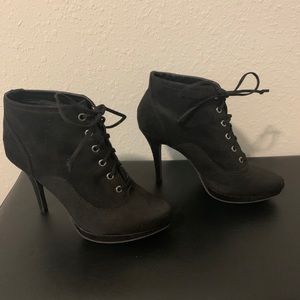 Fioni Black Suede Lace Up High Heel Pump Booties